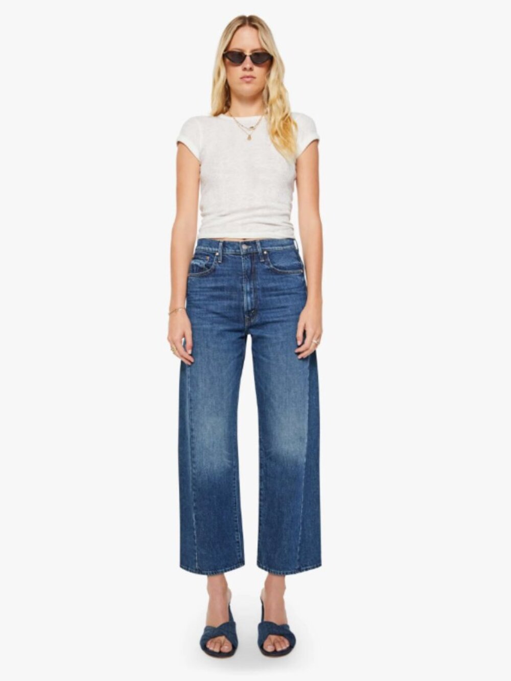 MOTHER Two-Tone Blue Cropped Wide-Leg Jeans